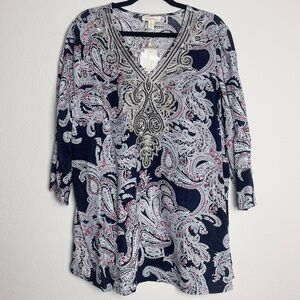 Charter Club Navy and White Paisley Linen Top